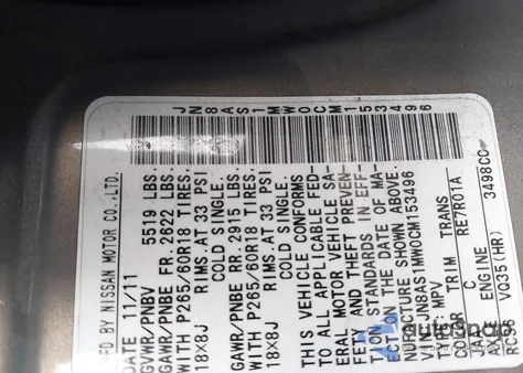 2012 Infiniti Fx35 z USA, uszkodzony, nr VIN JN8AS1MW0CM153496